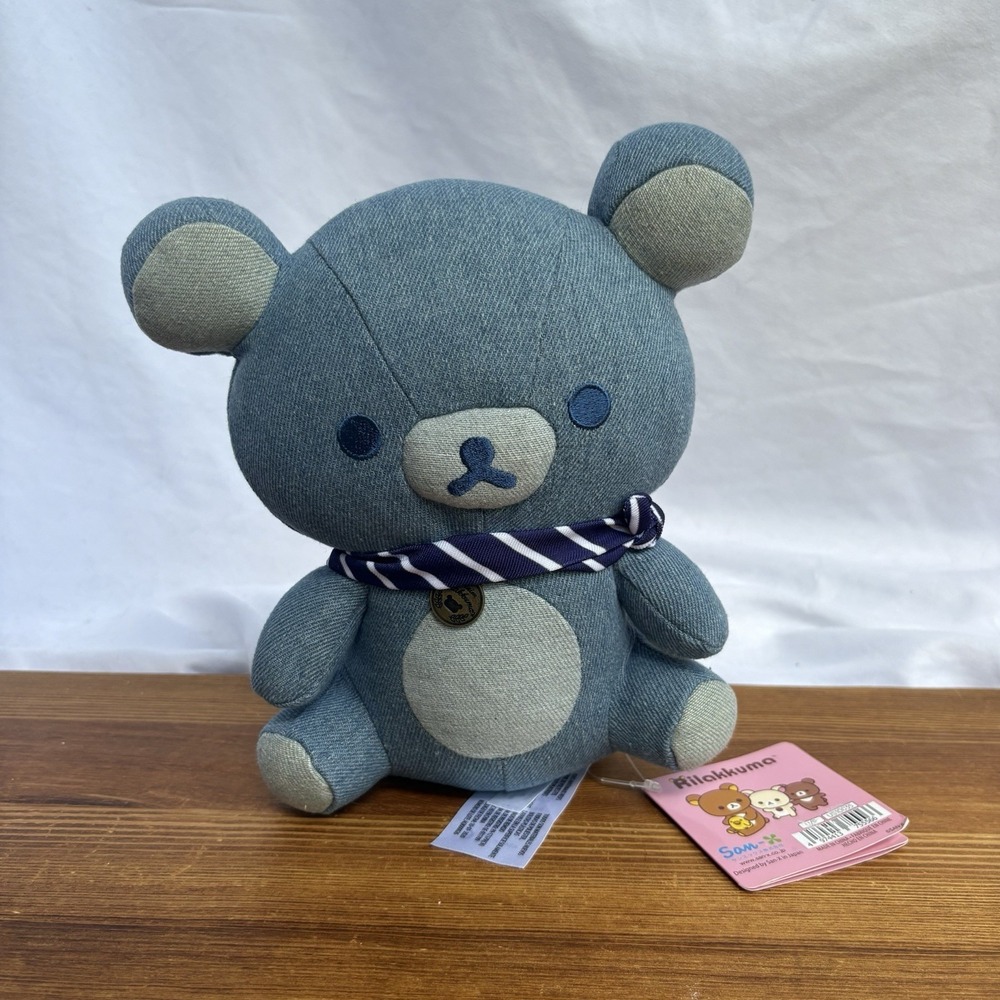 San-X Rilakkuma Denim Blue Bear Plush w/ Tag Striped Scarf Stuffed Animal Toy